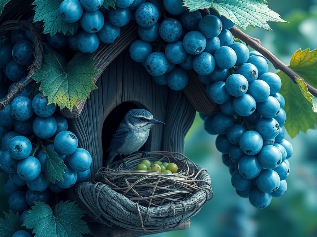 Watercolor House with Grapes and Shrike