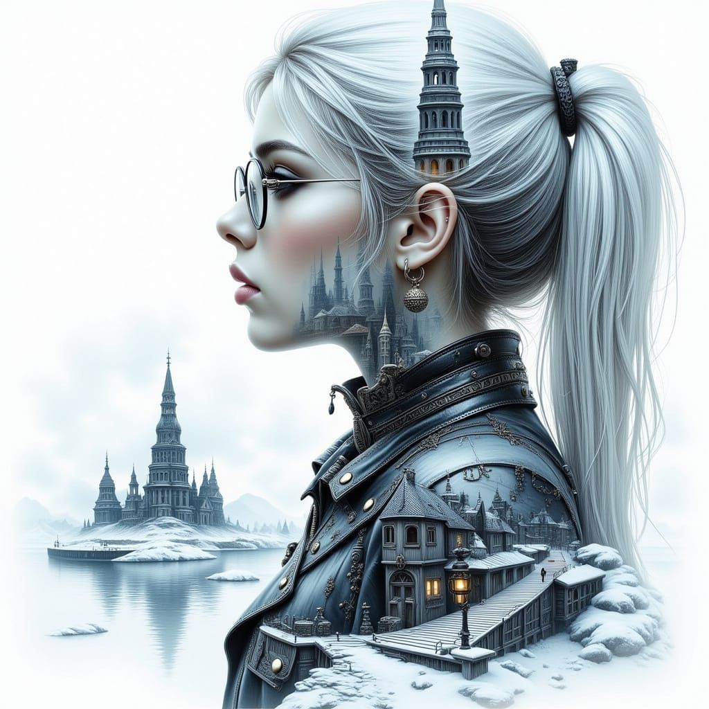 Steampunk Double Exposure: Station Merges with Girl