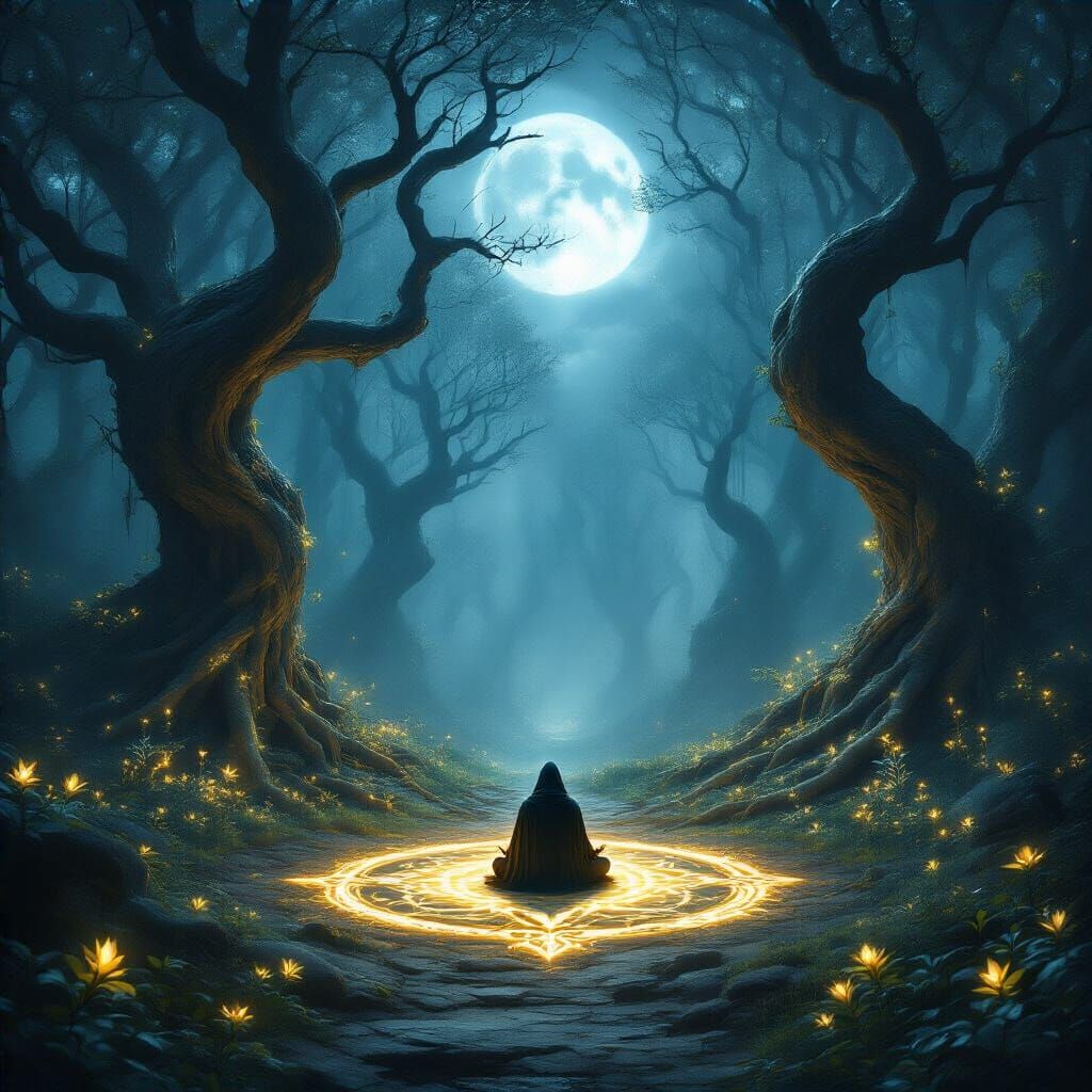 Mystical Forest Clearing: Cloaked Figure in Moonlight