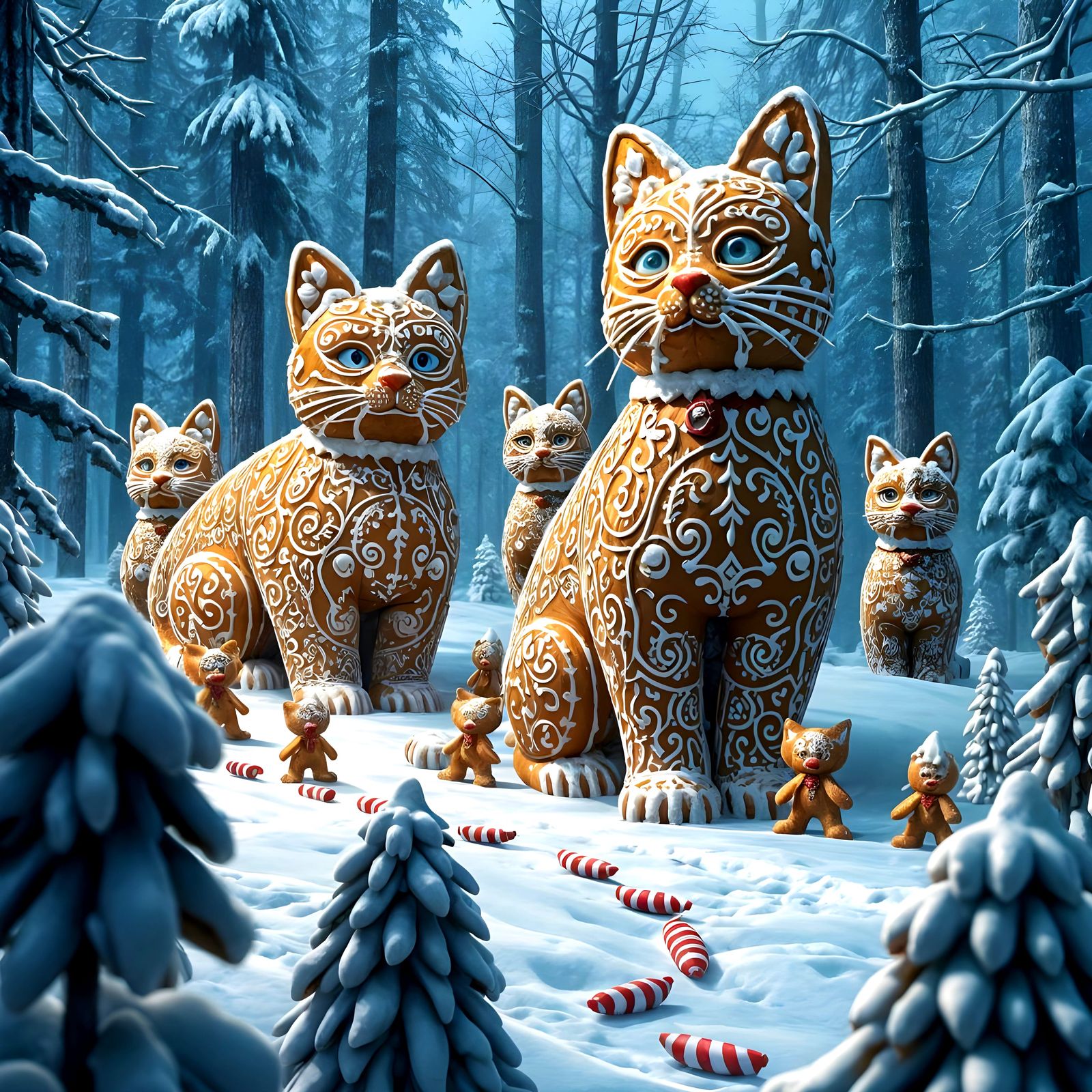 Giant Gingerbread Cats in Winter Wonderland