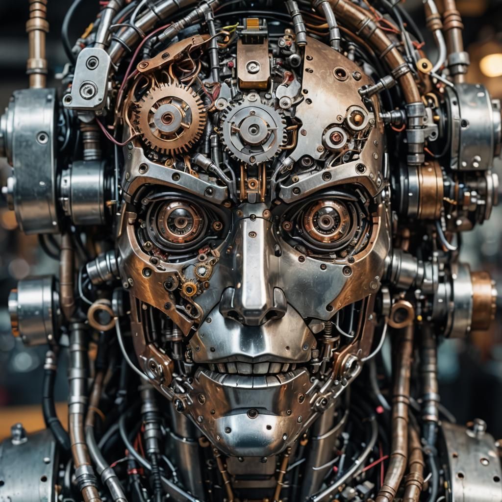 Detailed Robotic Head in Steampunk Cyberpunk Style