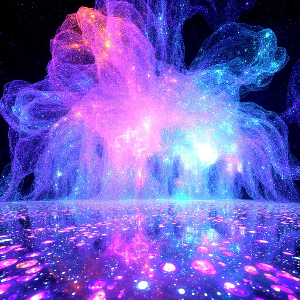 Ethereal Glitch Art of Shimmering Galaxies and Dancing Stars