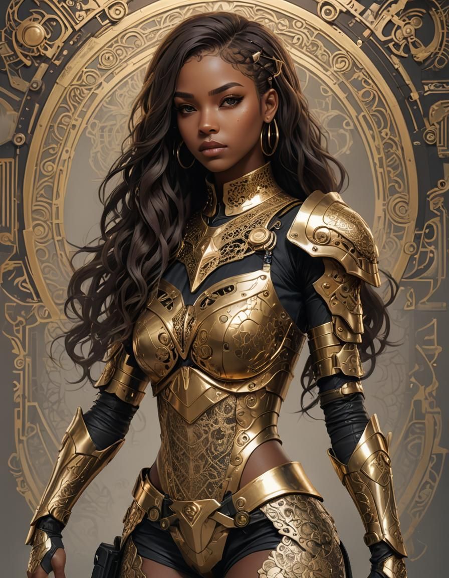 African American Woman in Cyberpunk Golden Armor