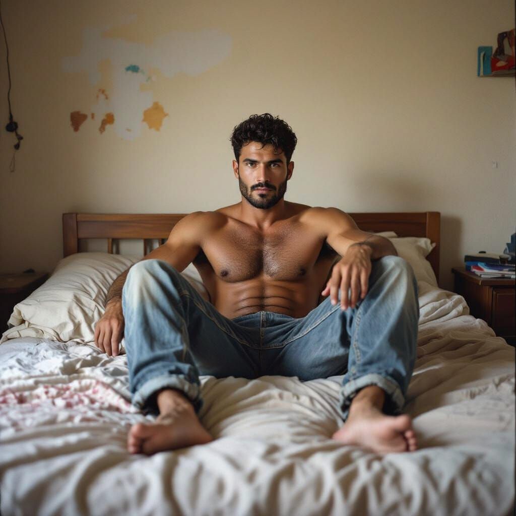 Hairy Moroccan Man Resting: Cinematic Film Still