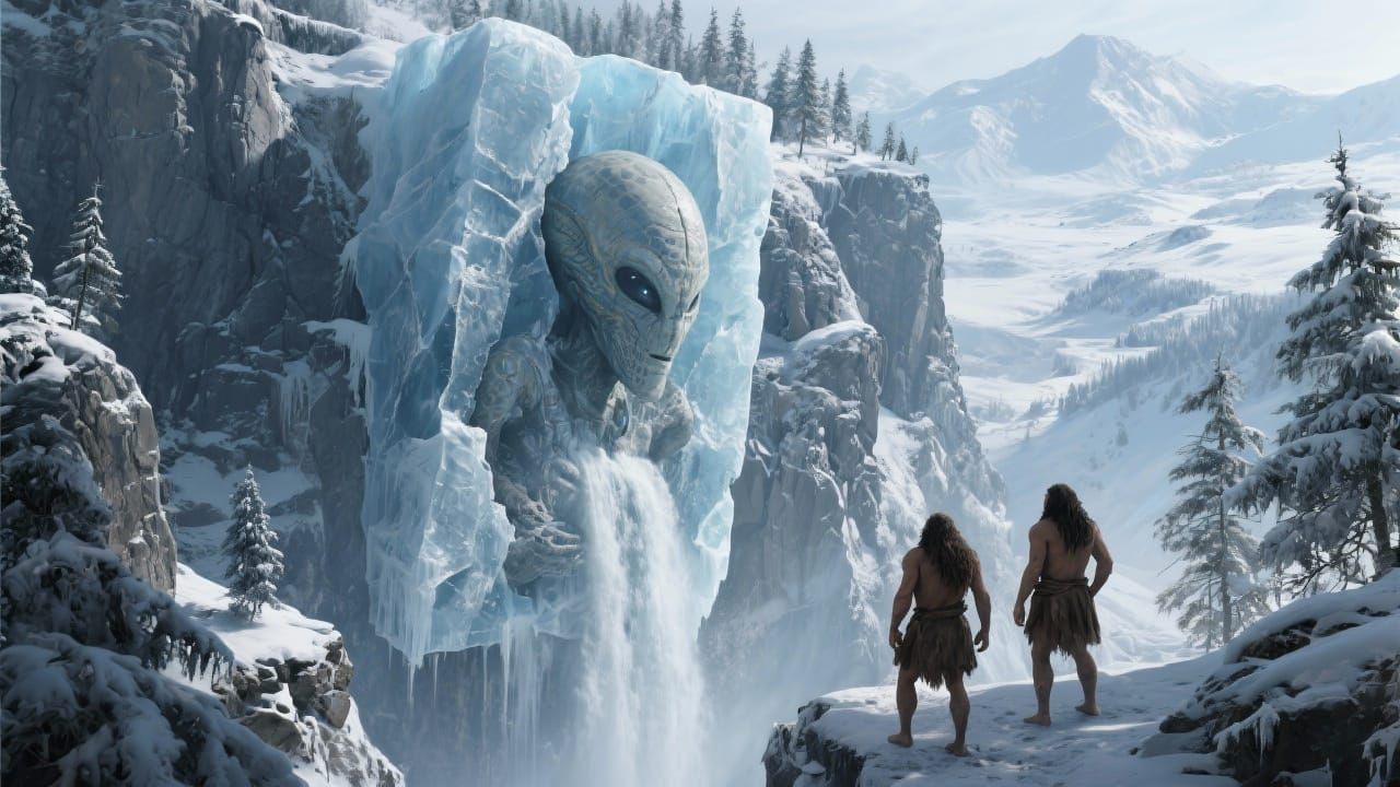 Ancient Alien Frozen in Ice Waterfall with Neanderthals