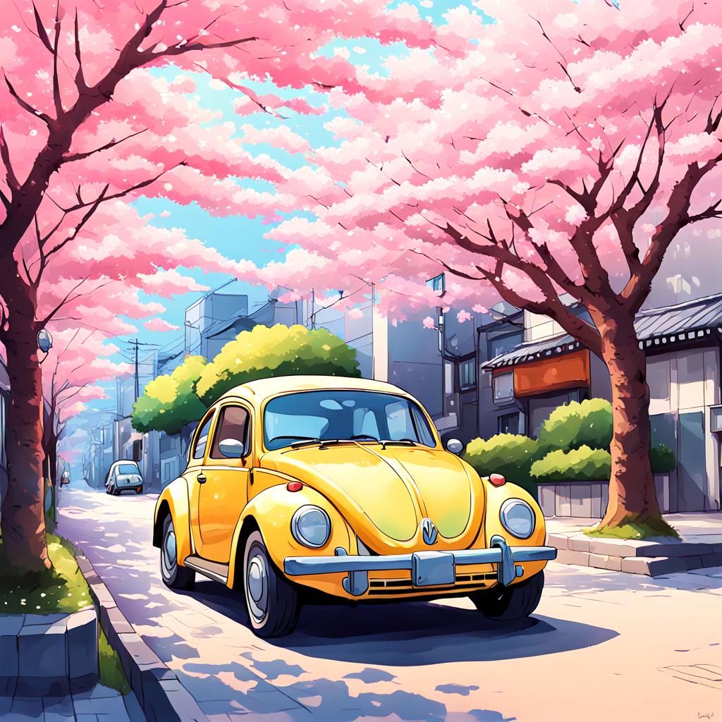 Yellow Beetle on Japanese Street in Anime Style