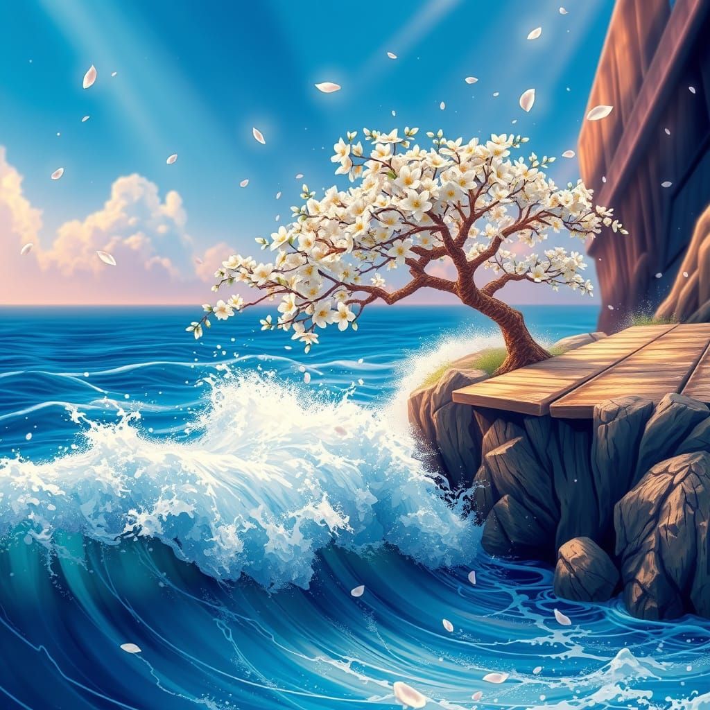 Surreal Waves Crash Over Bridge: Oil Painting Style