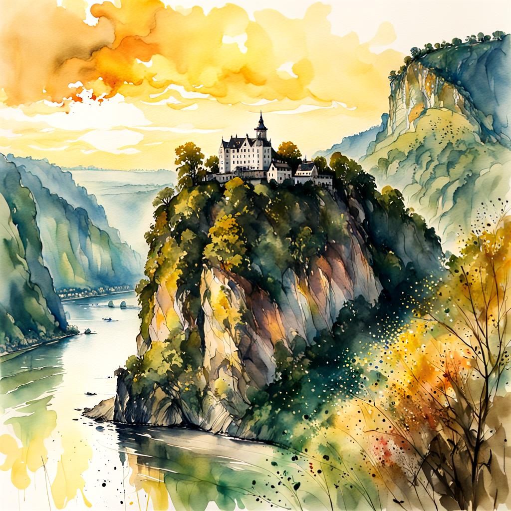 Loreley Rock at Rhine in Golden Hour Watercolour
