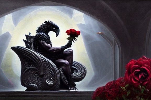 Immortal Sorcerer on Serpentine Throne with Raven