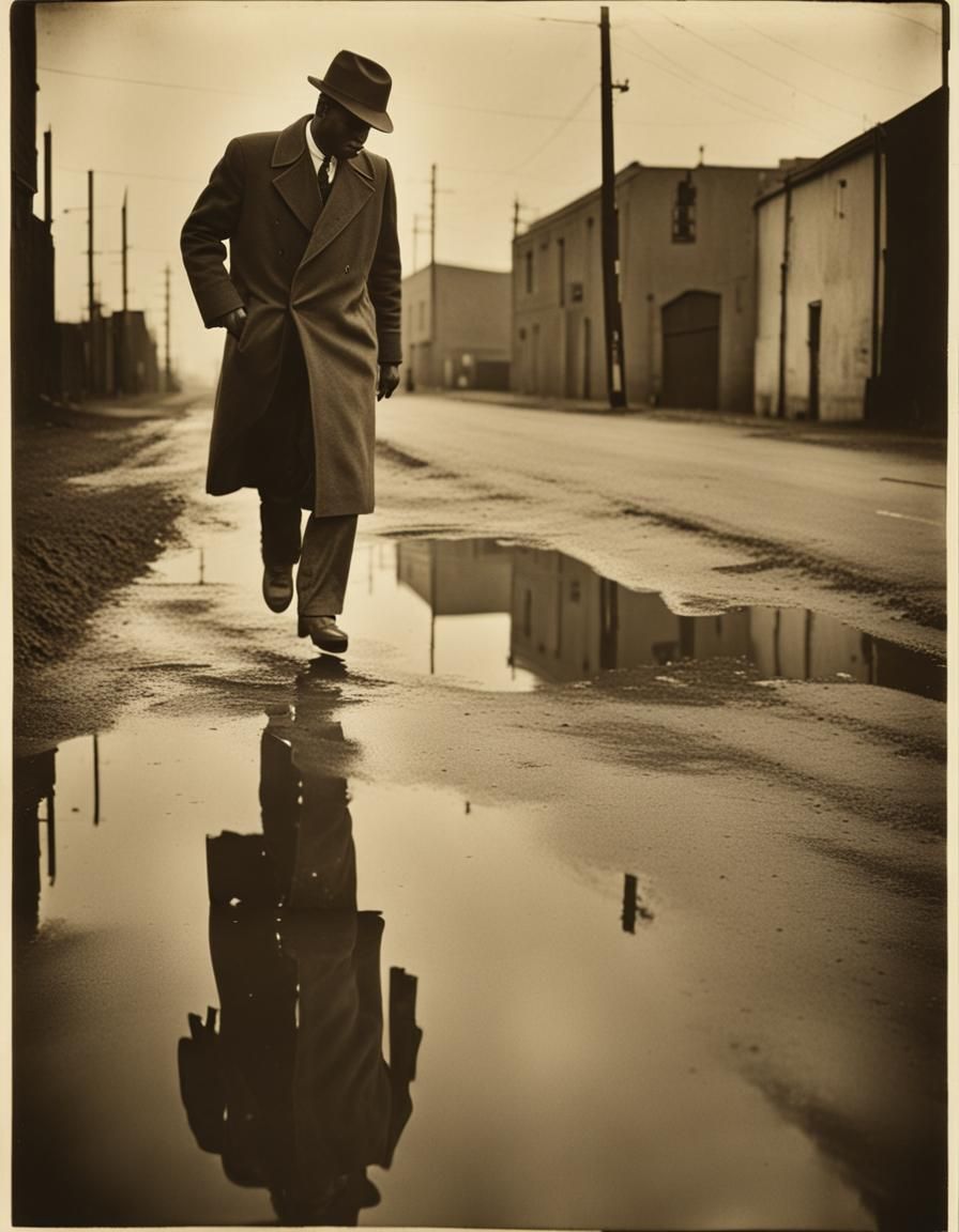 Man Steps Over Puddle in Gritty Duotone Lith Print