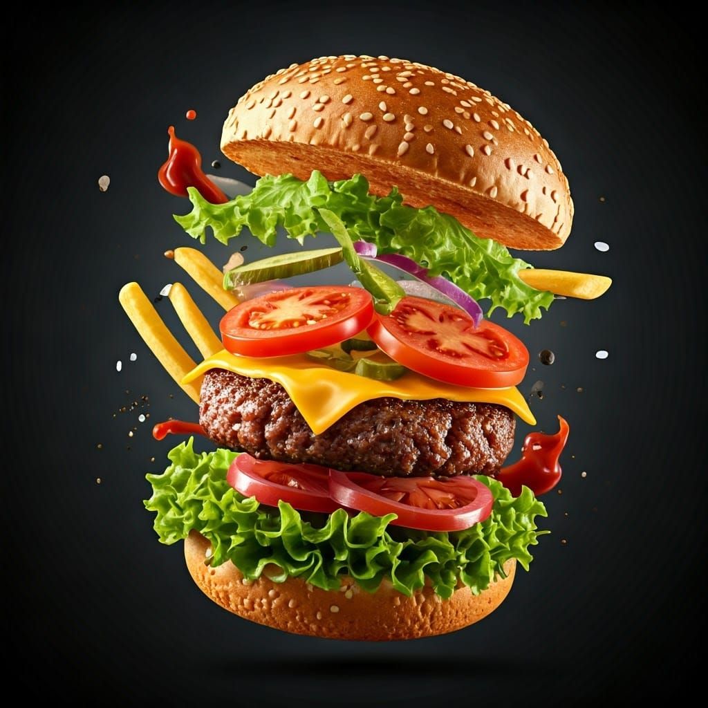 Deconstructed Gourmet Burger Advertisement on Black Backgrou...