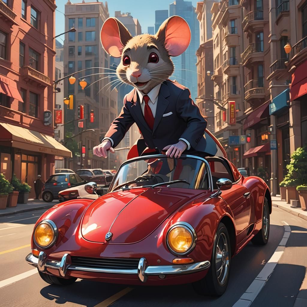 Anime Mouse Drives Sports Car on Sunny Avenue