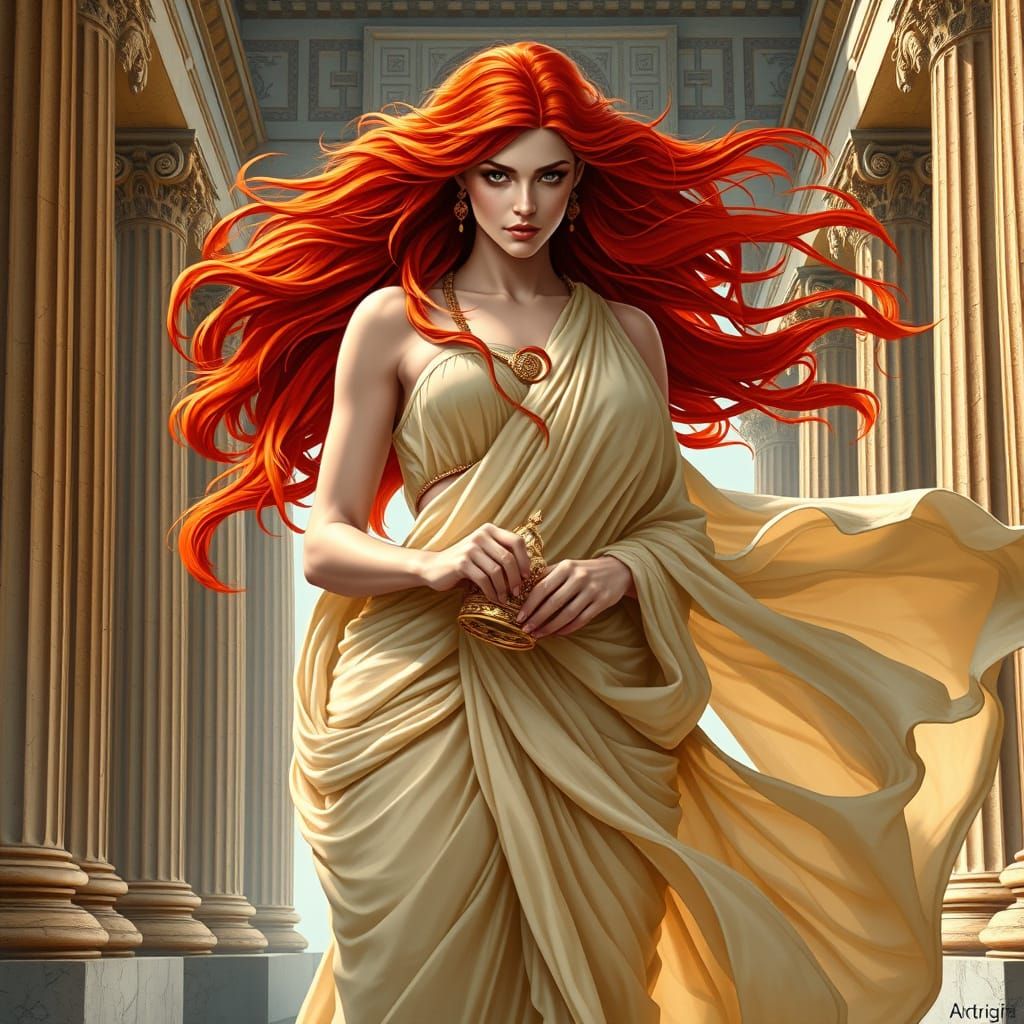 Goddess in Greek Temple with Fiery Red Hair