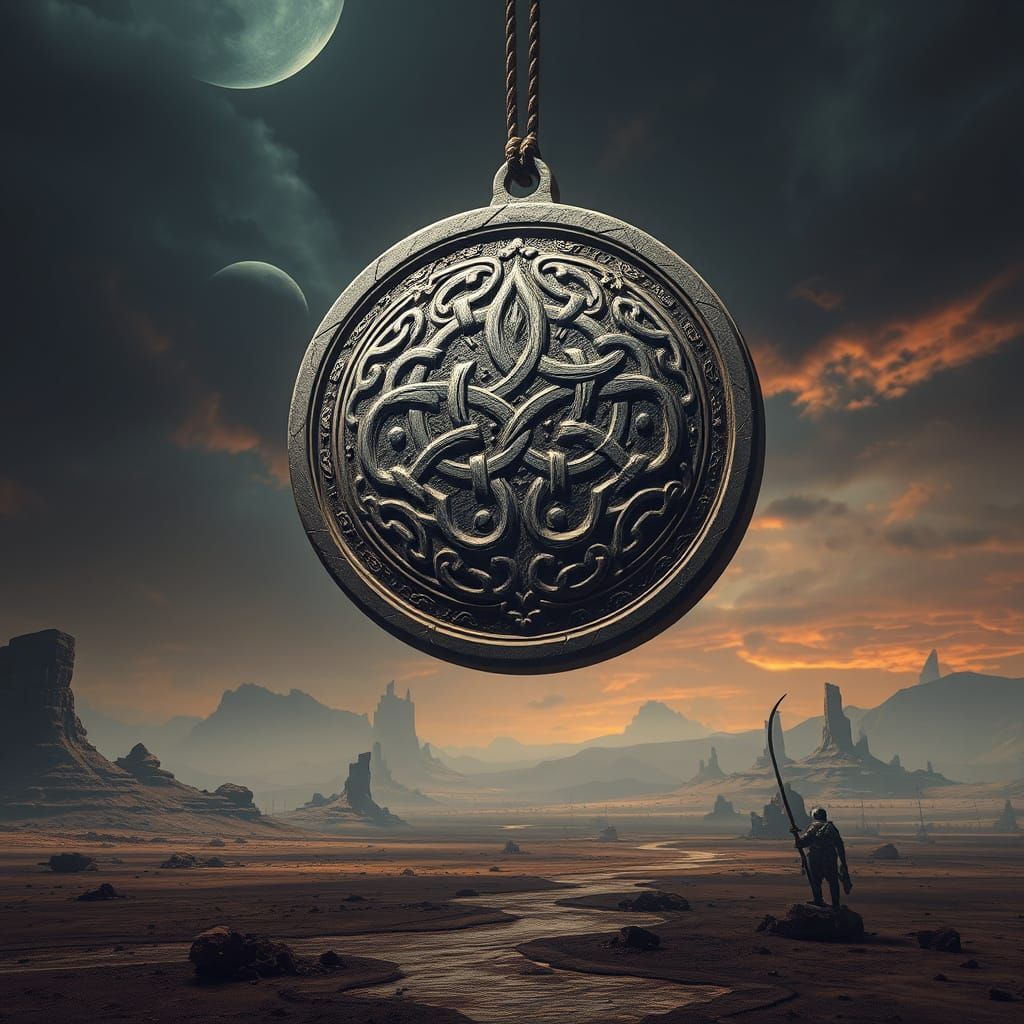 Surreal Fantasy Medallion in a Desolate Post-Apocalyptic Wor...