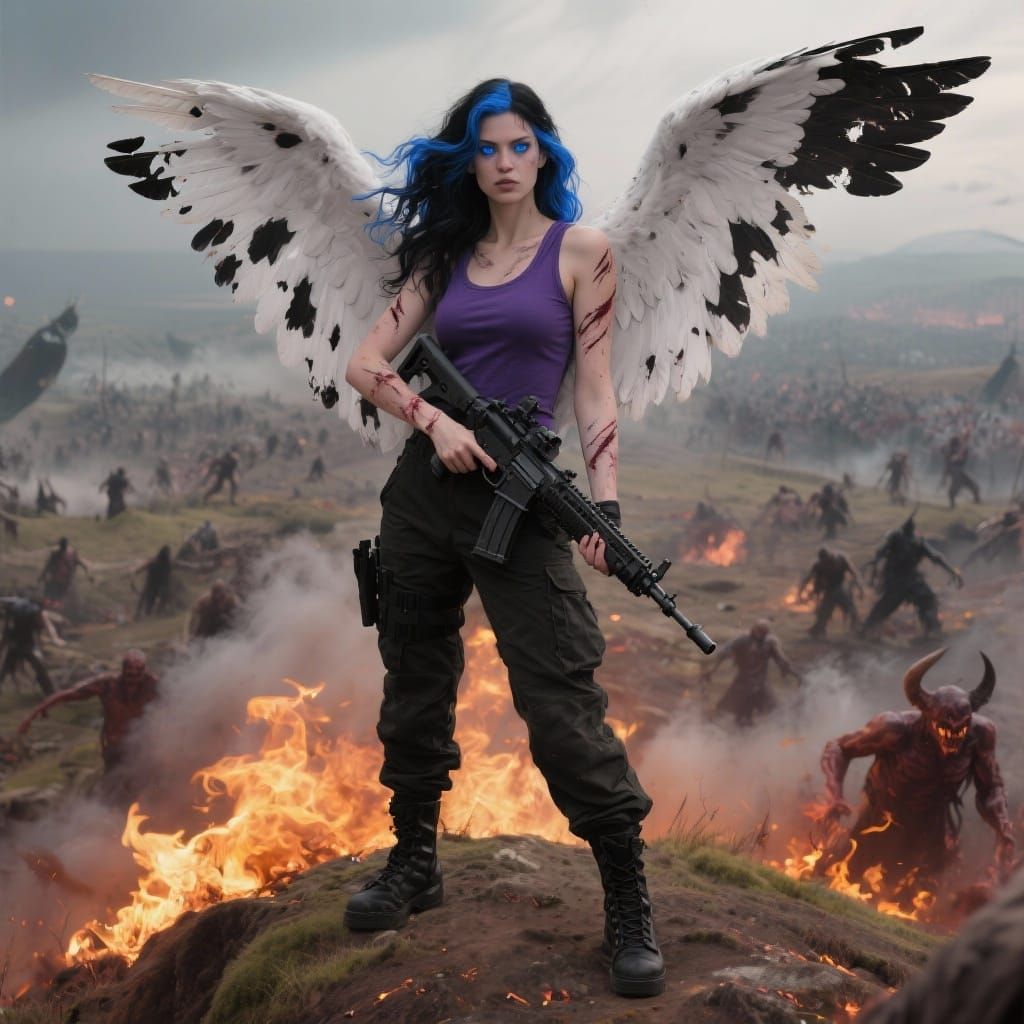 Battle-Scarred Angel with Shotgun Overlooking Battlefield