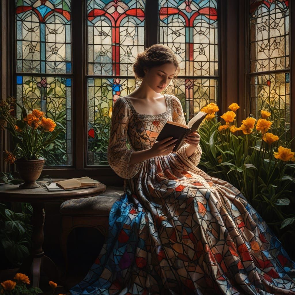 Elegant Woman in Stained Glass Dress in a Vibrant Garden