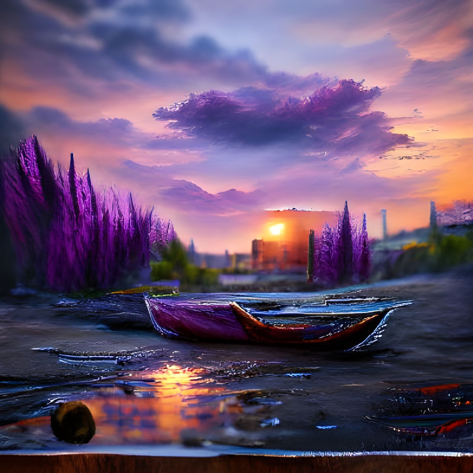 Purple Sunset in Detailed Oil Painting Style