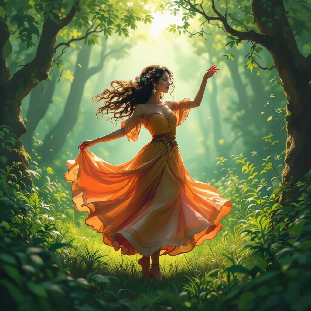 Dancing Lady in a Vibrant Forest, Whimsical Art