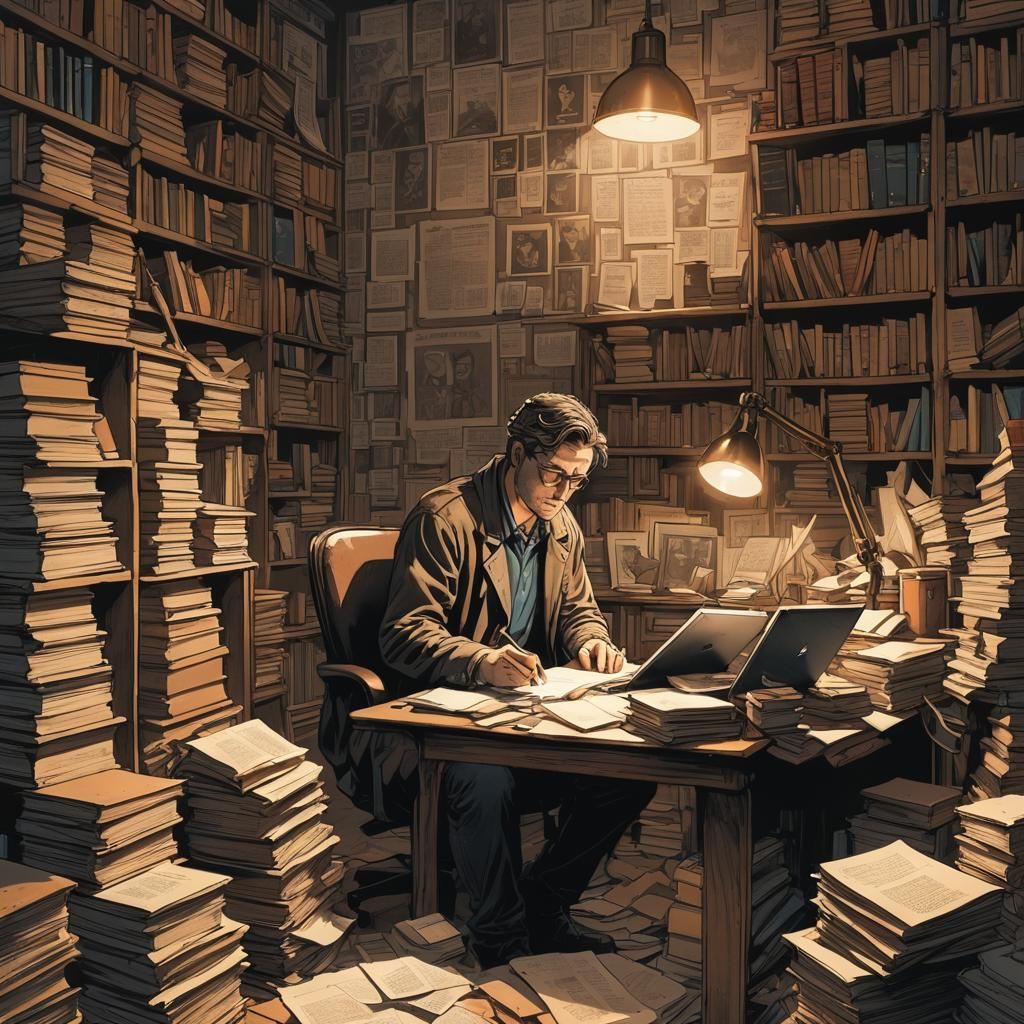 Introspective Figure Surrounded by Books in Comic Book Art