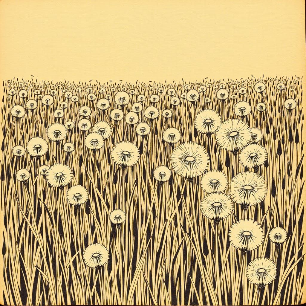 Dandelions in a Wood Engraving Style Meadow