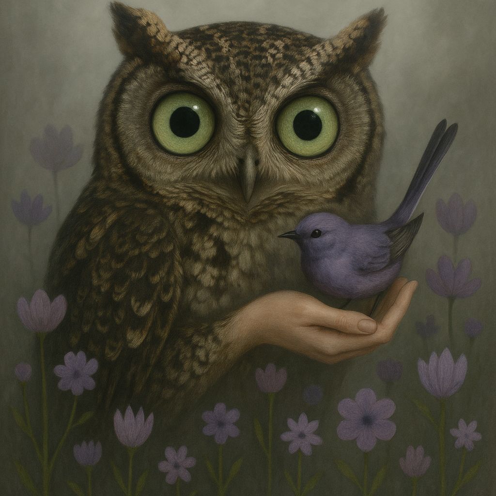 Surreal Owl Cradling Wagtail with Abstract Flowers