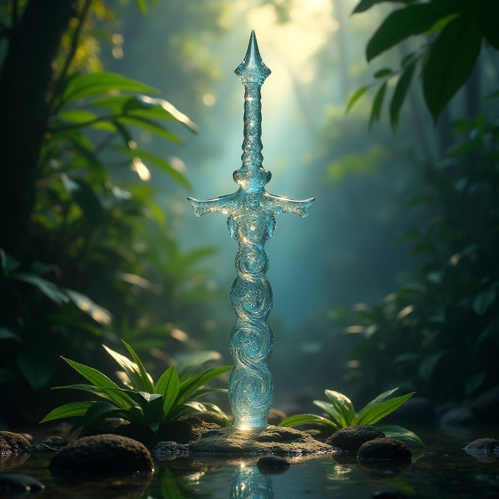 Ethereal Glass Sword Amidst Tropical Paradise