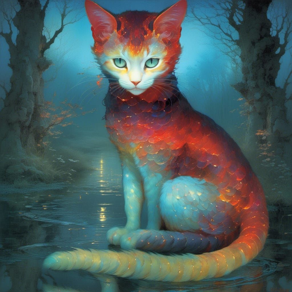 Iridescent Fire Cat in Pre-Raphaelite Style