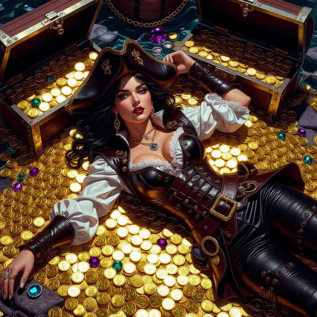 Ornate Pirate Woman on Gold Coins