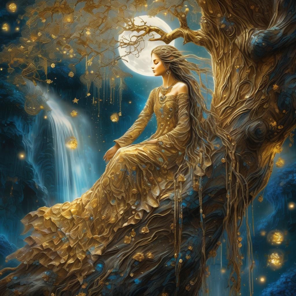Ethereal Tree Girl Under Moonlight, Art Nouveau Style