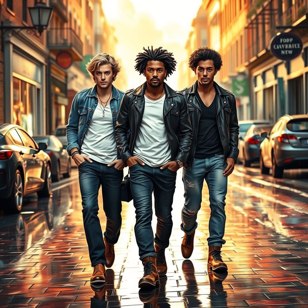 Three Handsome Demi-Gods Walk in Harmony Down a Quaint Stree...