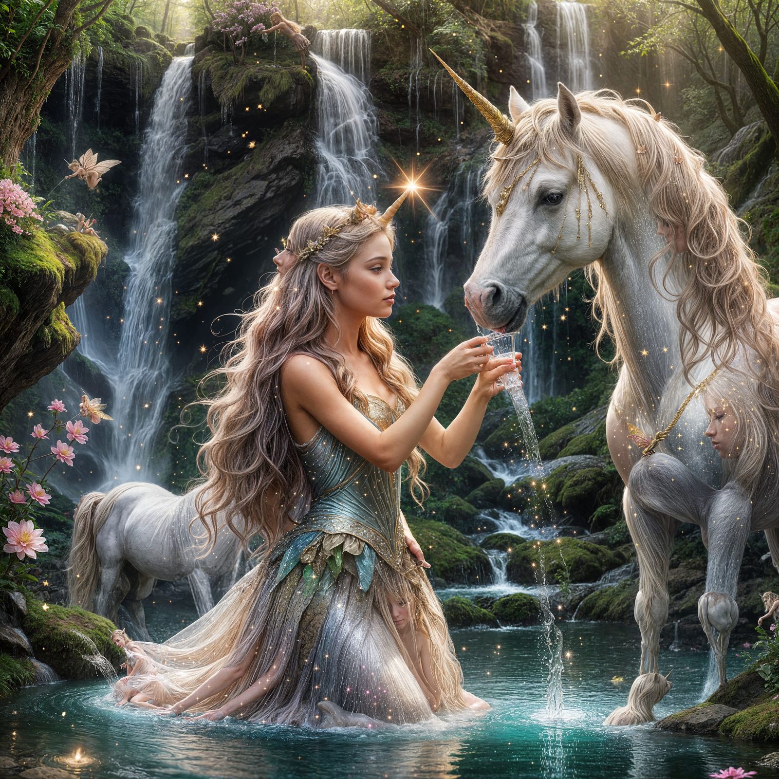Fairy and Unicorn at Glittering Waterfall