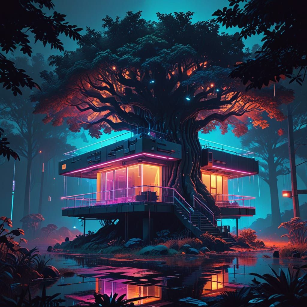 Glowing Tree Pod Home in Neon-Noir Cyberpunk Style