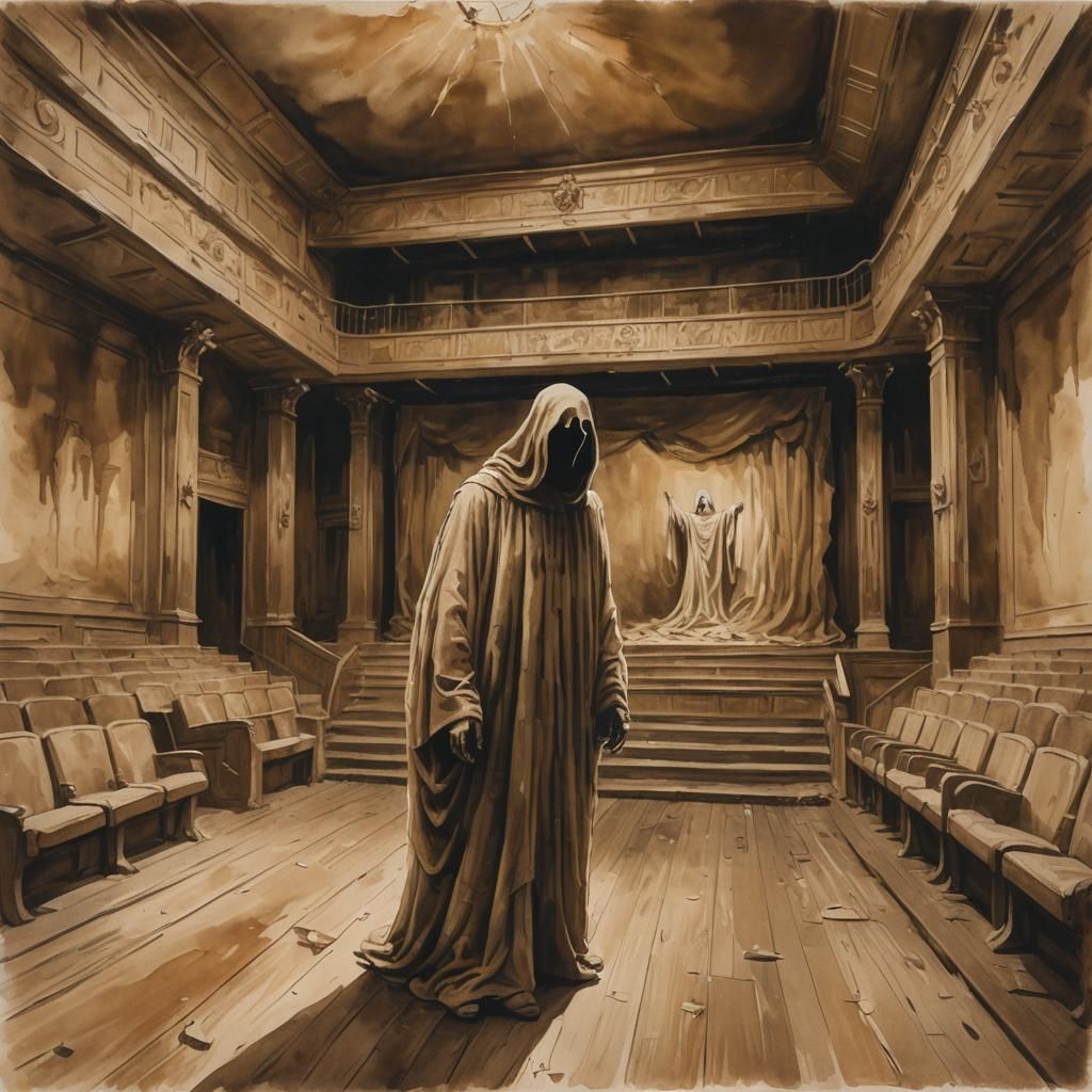 Ghostly Figure in Theater, Gouache Watercolor Style