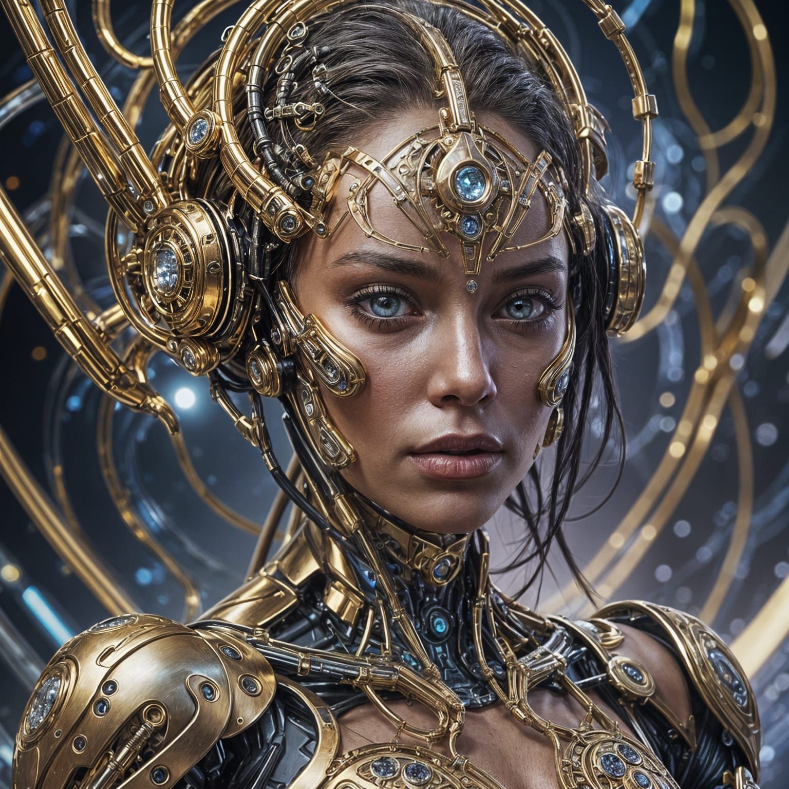 Detailed Female Cyborg with Gold and Diamonds