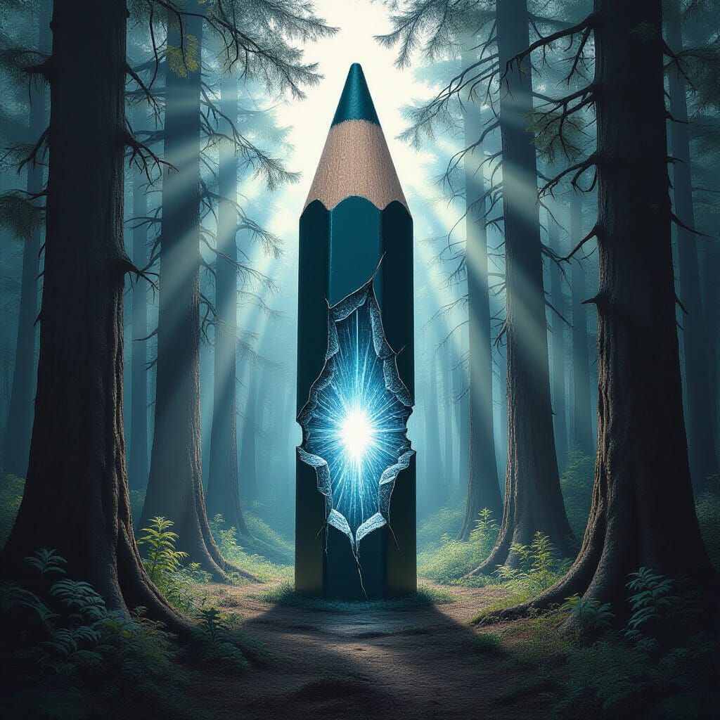 Giant Pencil Portal in Forest, Hyperrealistic Style