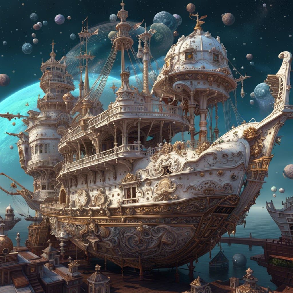Alien Pirate Ship Flying in Cosmic Galaxy