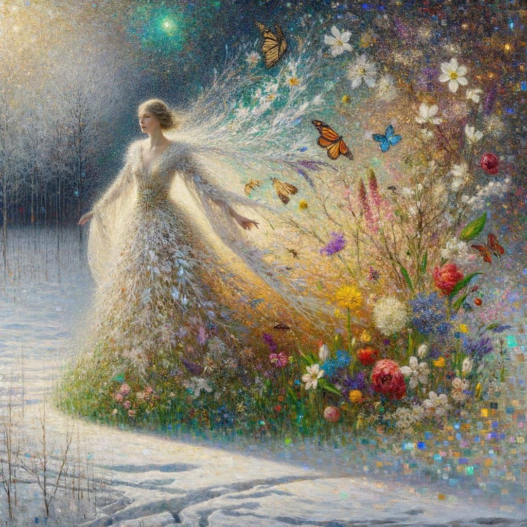 Spring Goddess Emerges from Winter in Impasto Painting