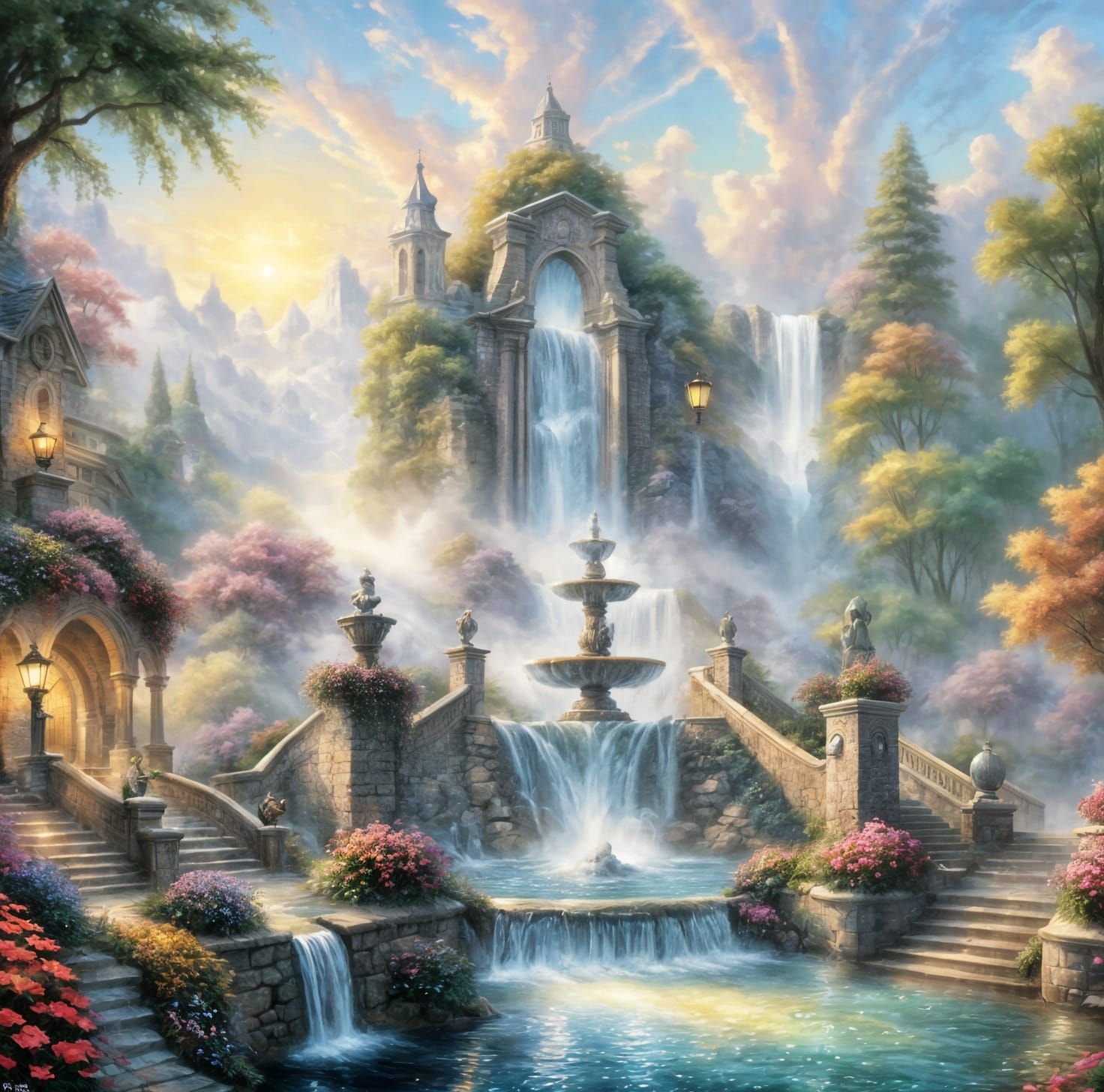 Ethereal Fantasy: A Grand Fountain in Mist