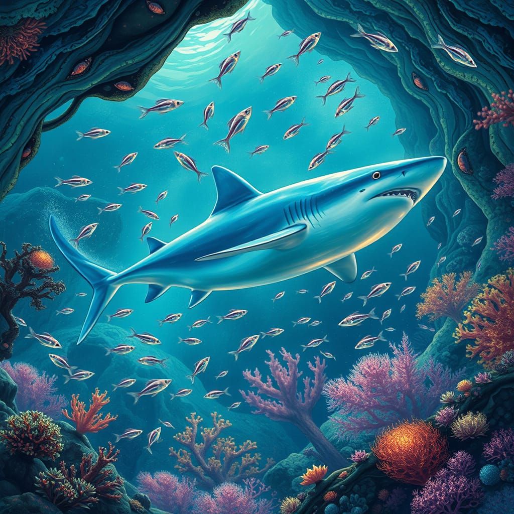Ethereal Bioluminescent Shark in Underwater Cavern