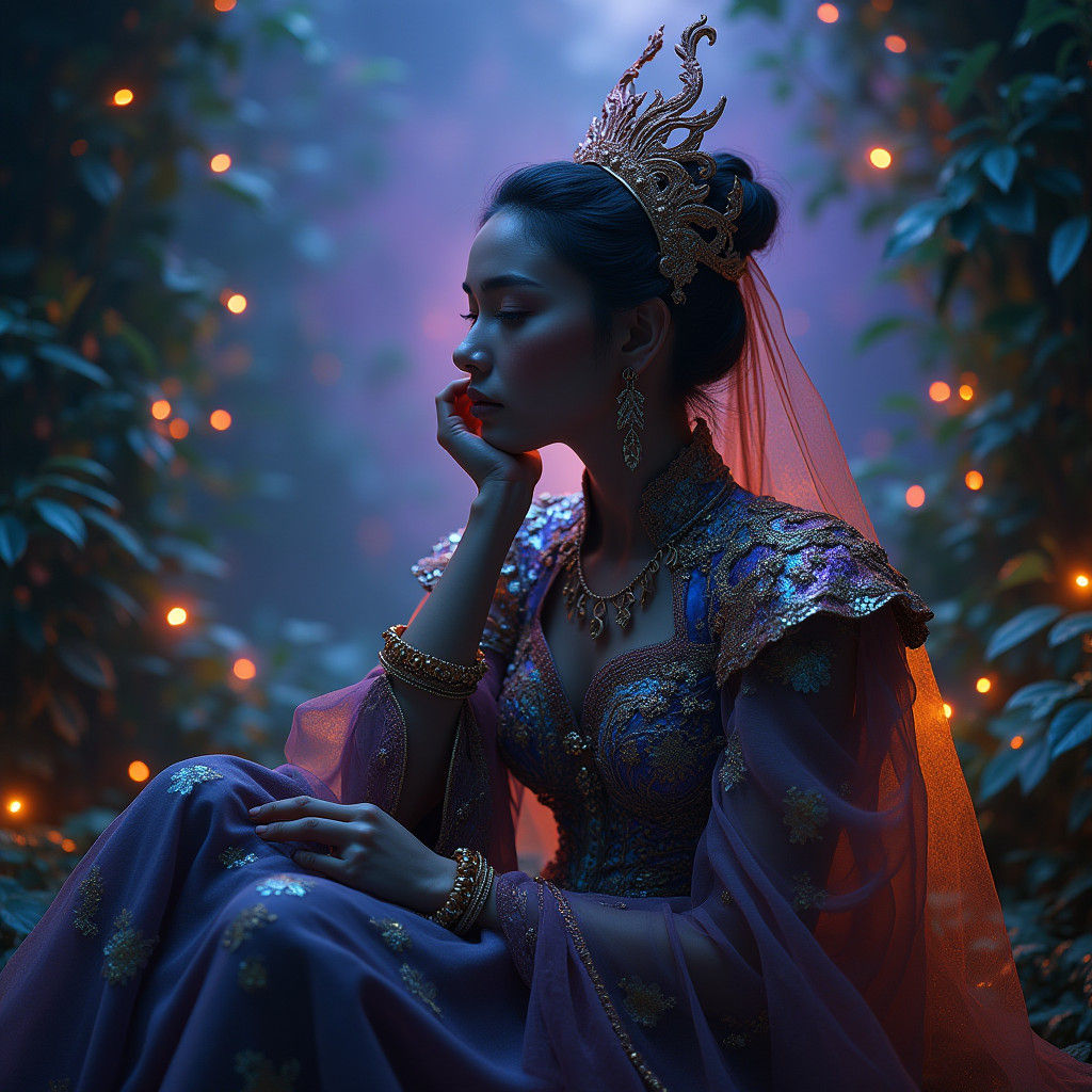 Regal Figure Amidst Mystical Foliage in Fantasy Realm