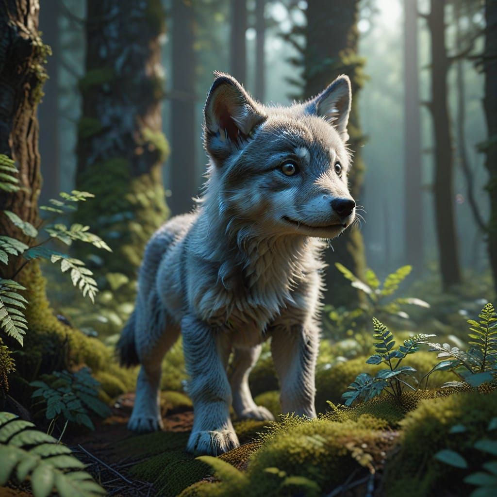Lone Wolf Pup Explores Surreal Forest Landscape