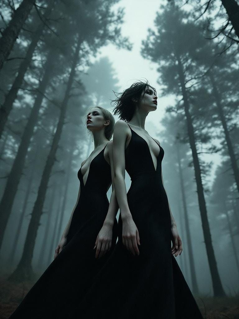 Gothic Elegance: Women in Foggy Forest, Romantic Art