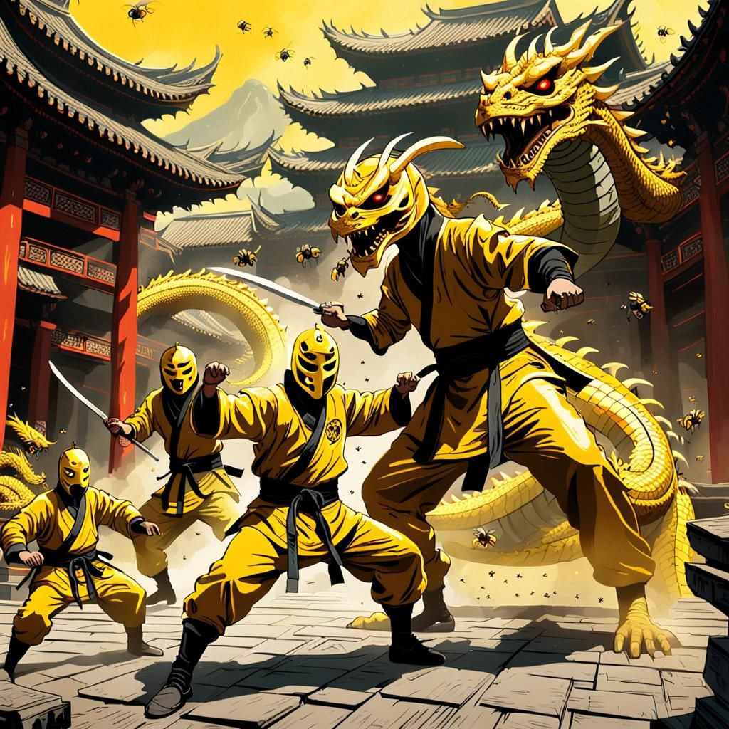 Ninjas Versus Dragon in Comic Book Style