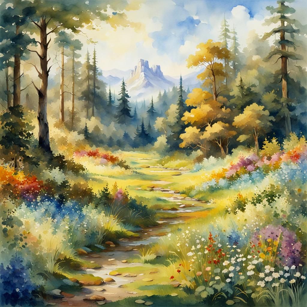 Lush Meadow in Forest Glade: Watercolor Style