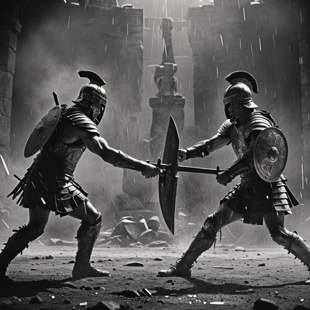 Gladiators Clash Swords in Noir Style