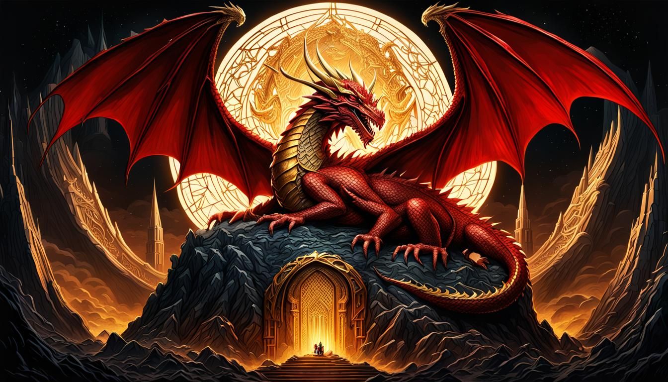 Art Deco Red Dragon Lair in Dark Fantasy Style