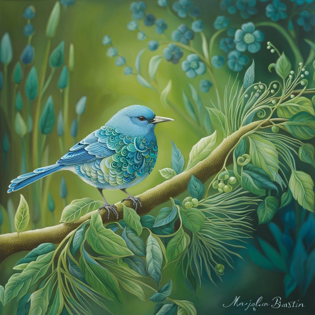 Intricate Bird Illustration in Botanical Art Style