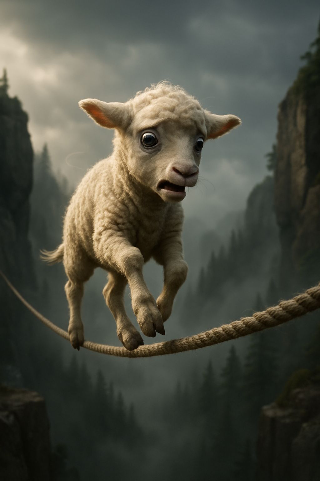 Anxious Lamb on Tightrope in Misty Valley