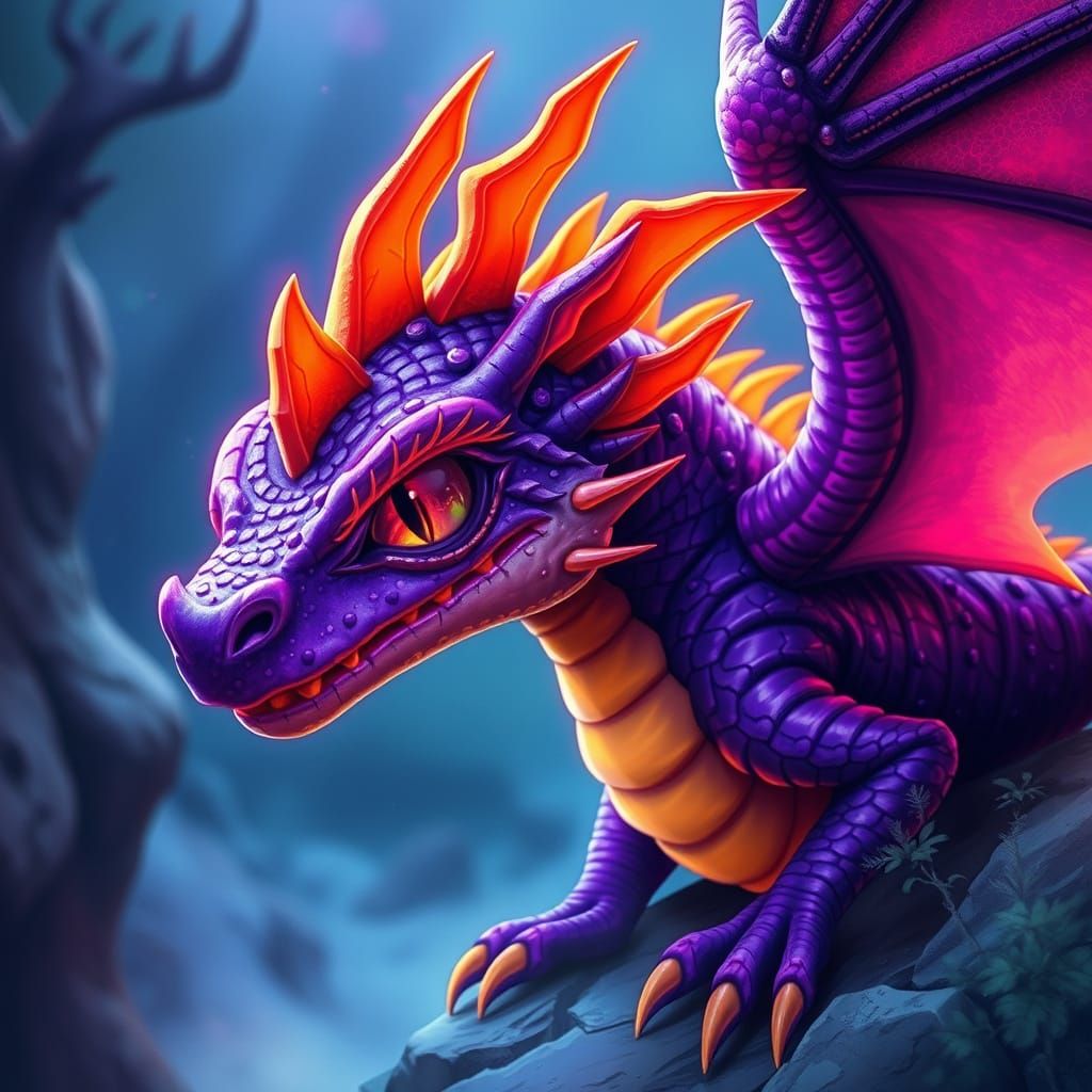 Purple Dragon with Orange Spikes in Mystical Setting