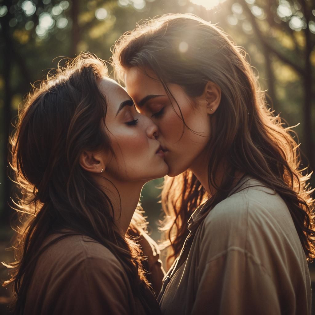 Young Woman Kissing in Cinematic Film Still